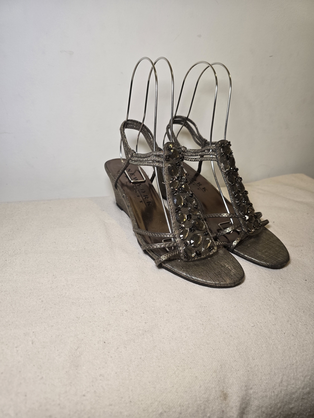 New York Transit Metallic Bronze Wedge Sandals with Jewel T-Strap Size 10